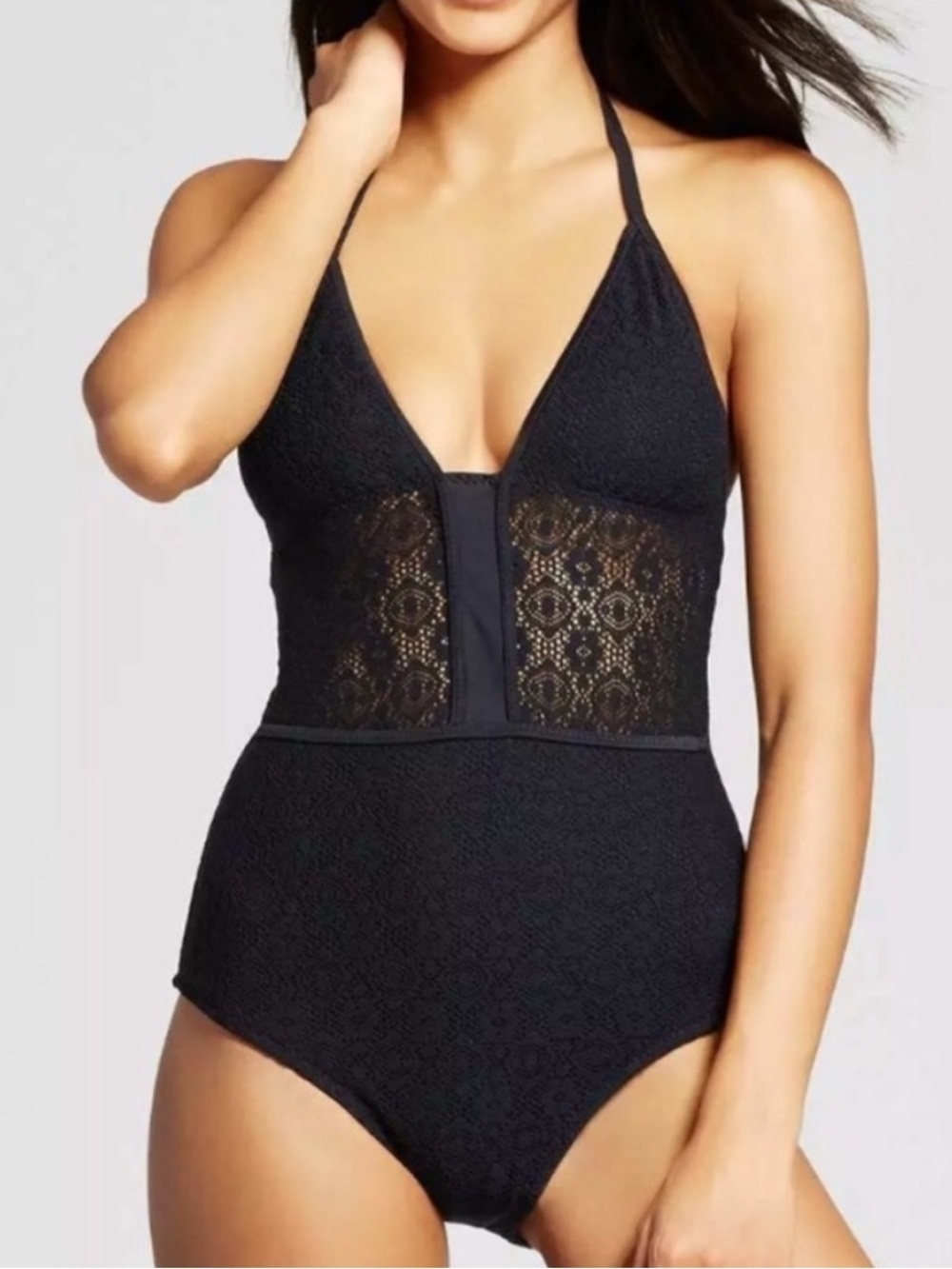 NWT Mossimo Supply Co. Black Lace-Panel Halter One-Piece Sz XL